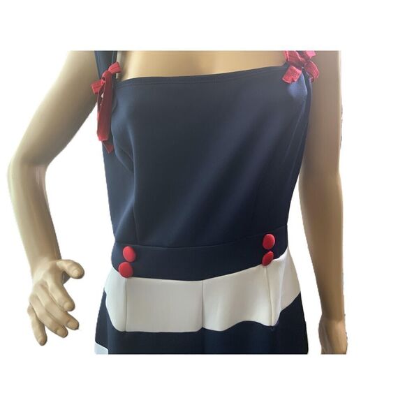 Custom Dark Blue And White Striped Sleeveless Bow Detail Jumpsuit Size M - Picture 3 of 16